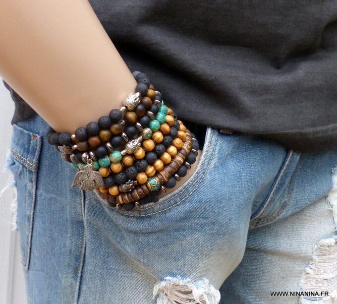 N5674k Bracelet elastique homme bouddha métal noir perles bois marron - Bijoux Bracelets en ligne Ninanina