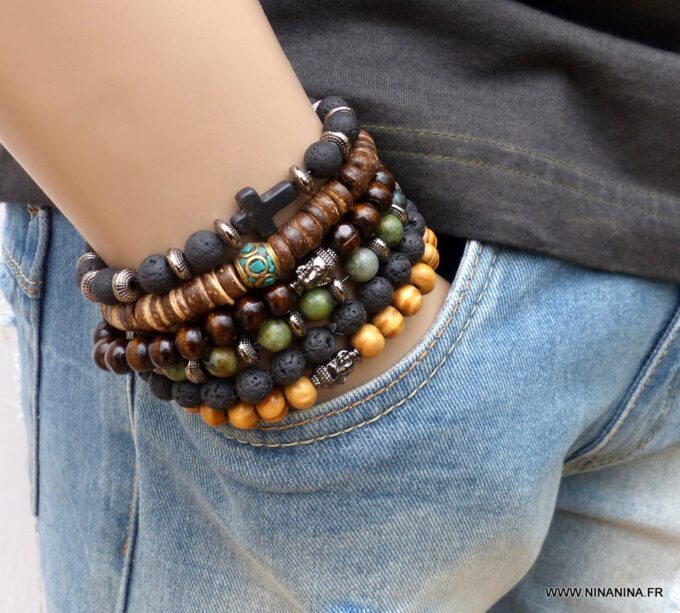 N5674m Bracelet elastique homme bouddha métal noir perles bois marron - Bijoux Bracelets en ligne Ninanina