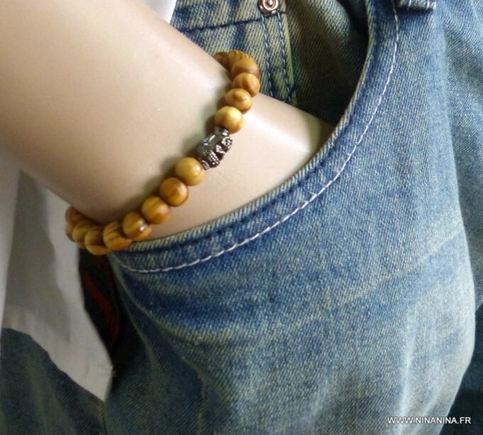 N5674v Bracelet homme perles bois marron bouddha noir NINANINA
