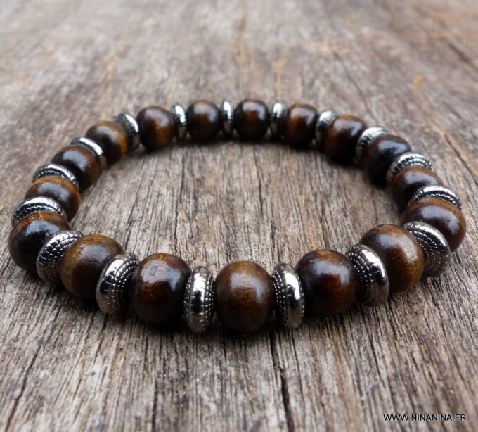 N5675 Bracelet elastique mala homme perles bois marron rondelles métal noir - Bijoux Bracelets en ligne Ninanina