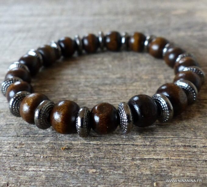N5675 Bracelet homme stretch perles bois marron chocolat rondelles métal noir NINANINA