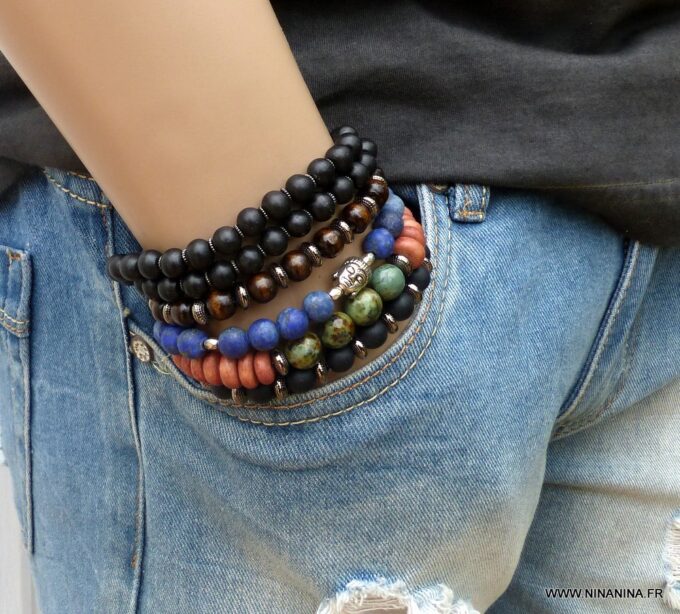 N5675c Bracelet elastique mala homme perles bois marron rondelles métal noir - Bijoux Bracelets en ligne Ninanina