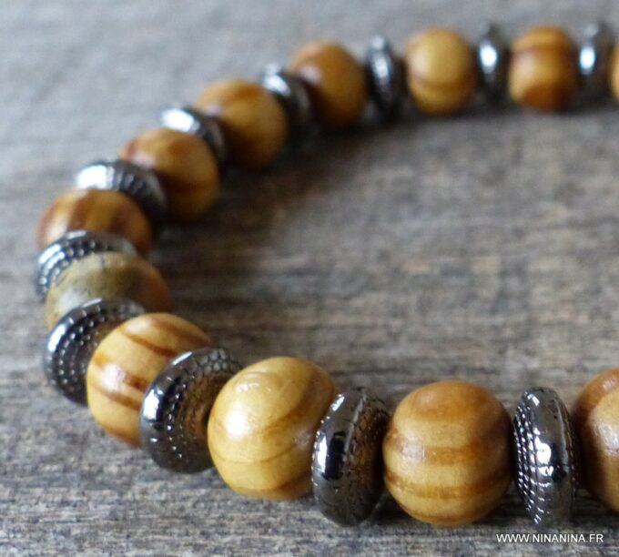 N5675d Bracelet homme stretch perles bois marron chocolat rondelles métal noir NINANINA