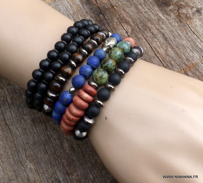 N5675e Bracelet elastique mala homme perles bois marron rondelles métal noir - Bijoux Bracelets en ligne Ninanina