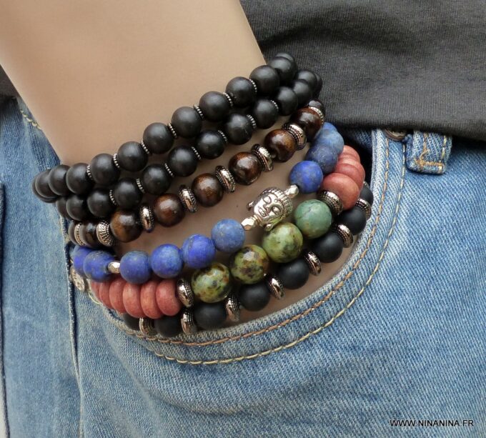 N5675h Bracelet elastique mala homme perles bois marron rondelles métal noir - Bijoux Bracelets en ligne Ninanina