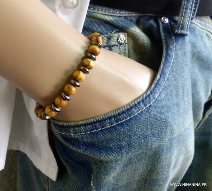 N5675m Bracelet homme stretch perles bois marron chocolat rondelles métal noir NINANINA