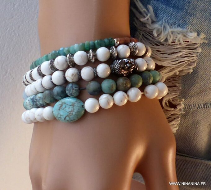 N5676 Bracelet elastique perles turquoises blanches - Bijoux Bracelets en ligne ninanina