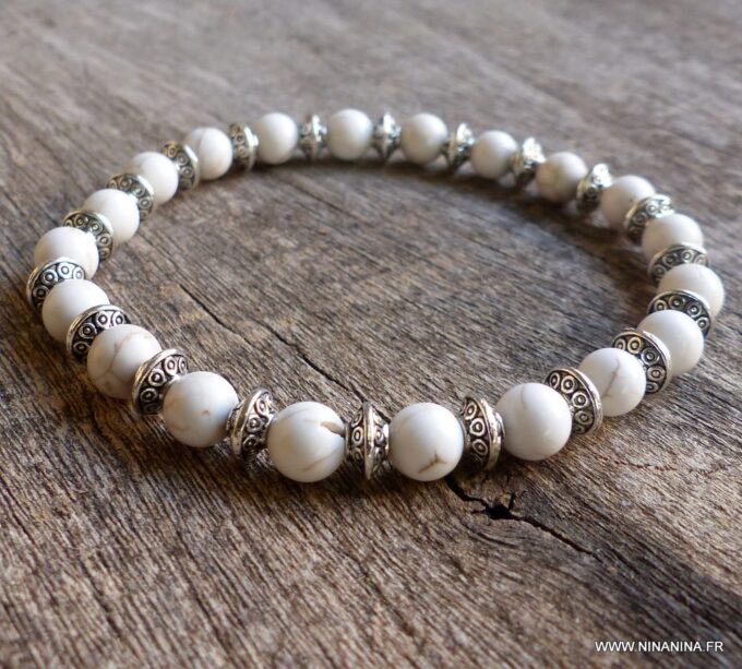 N5676 Bracelet homme stretch elastique perles turquoises blanches rondelles métal argent NINANINA