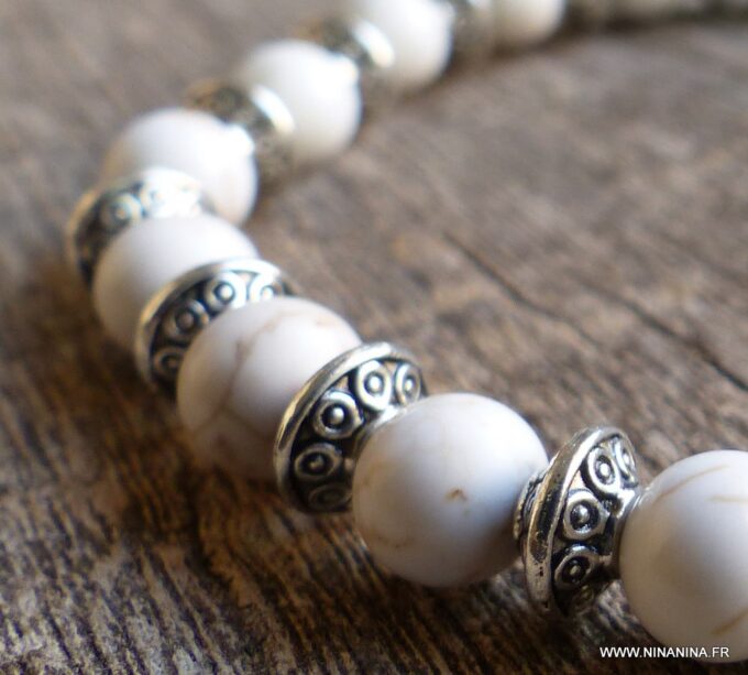 N5676a Bracelet homme stretch elastique perles turquoises blanches rondelles métal argent NINANINA