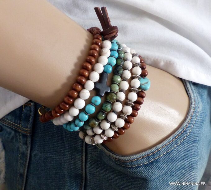 N5676b Bracelet elastique perles turquoises blanches - Bijoux Bracelets en ligne ninanina