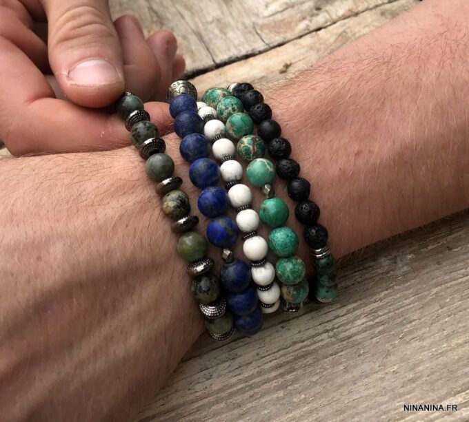 N5676B Bracelet elastique perles turquoises blanches - Bijoux Bracelets en ligne ninanina