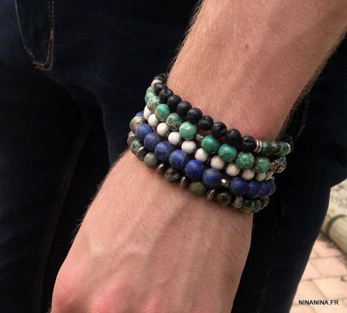 N5676C Bracelet elastique perles turquoises blanches - Bijoux Bracelets en ligne ninanina