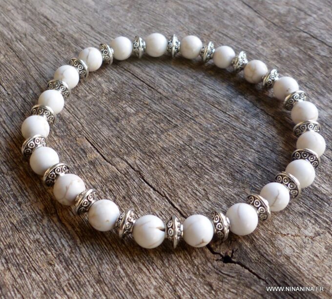 N5676d Bracelet homme stretch elastique perles turquoises blanches rondelles métal argent NINANINA