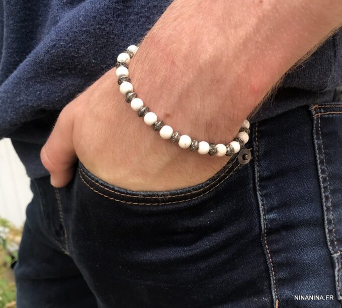 N5676E Bracelet elastique perles turquoises blanches - Bijoux Bracelets en ligne ninanina