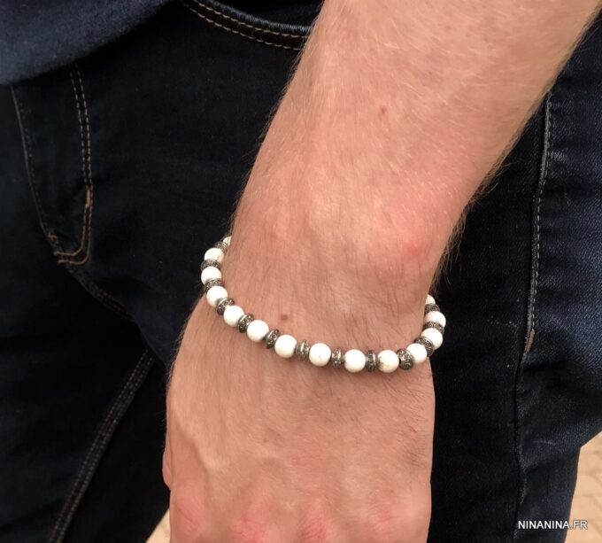 N5676G Bracelet elastique perles turquoises blanches - Bijoux Bracelets en ligne ninanina