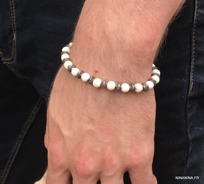 N5676H Bracelet elastique perles turquoises blanches - Bijoux Bracelets en ligne ninanina