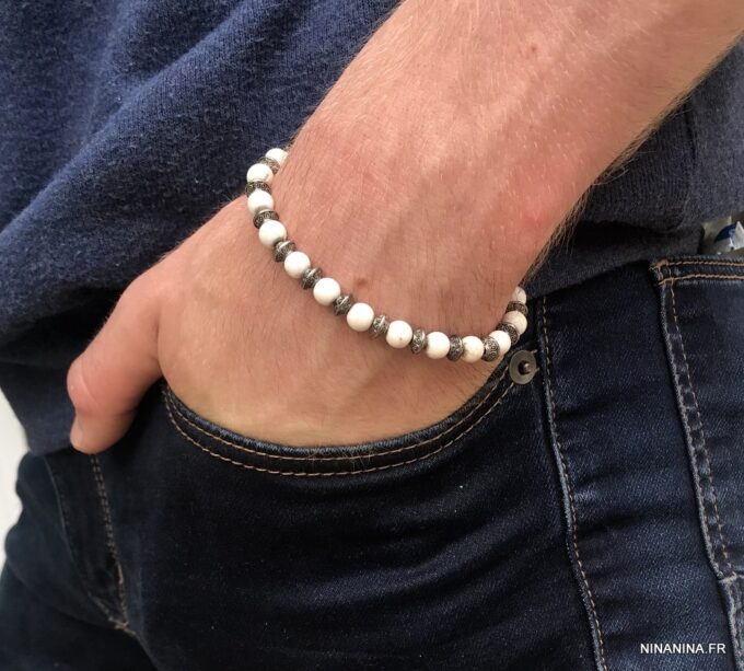 N5676I Bracelet elastique perles turquoises blanches - Bijoux Bracelets en ligne ninanina