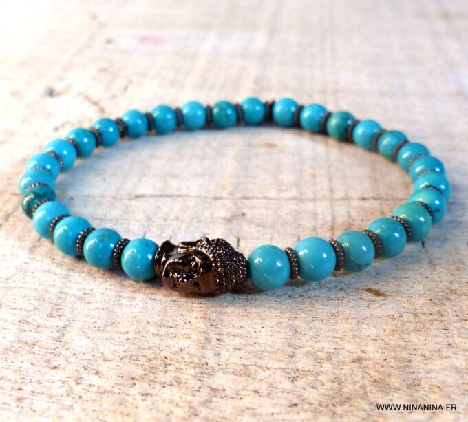 N5677 Bracelet bouddha noir perles turquoise naturelle - Bijoux bracelets en ligne Ninanina