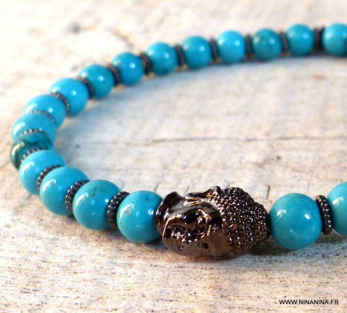 N5677c Bracelet bouddha noir perles turquoise naturelle - Bijoux bracelets en ligne Ninanina