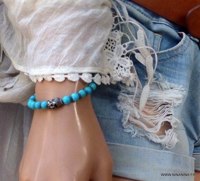 N5677d Bracelet bouddha noir perles turquoise naturelle - Bijoux bracelets en ligne Ninanina