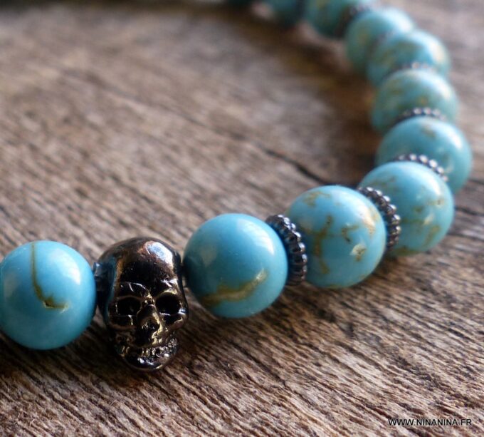 N5678a Bracelet homme stretch elastique perles turquoises blanches tete de mort métal noir NINANINA