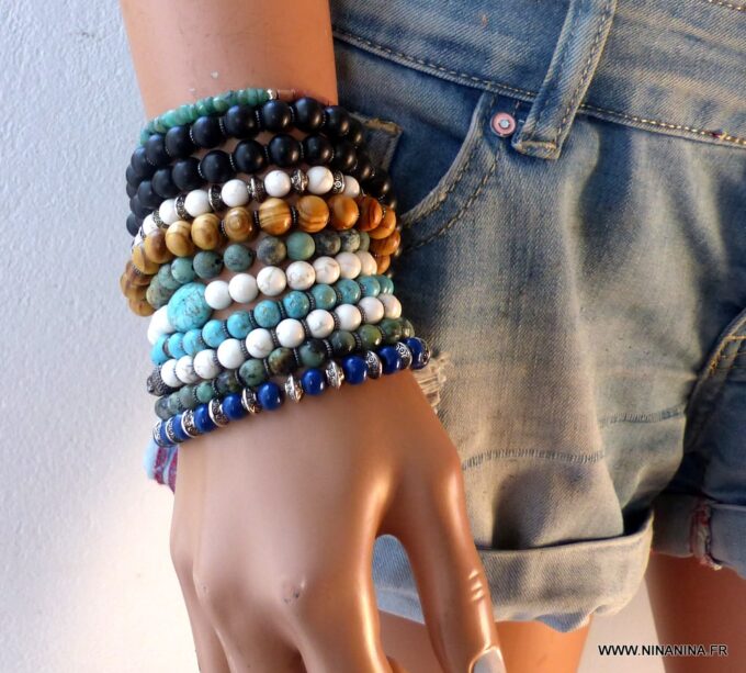 N5678a Bracelet perles turquoise naturelle tête de mort métal noir - Bijoux Bracelets en ligne Ninanina