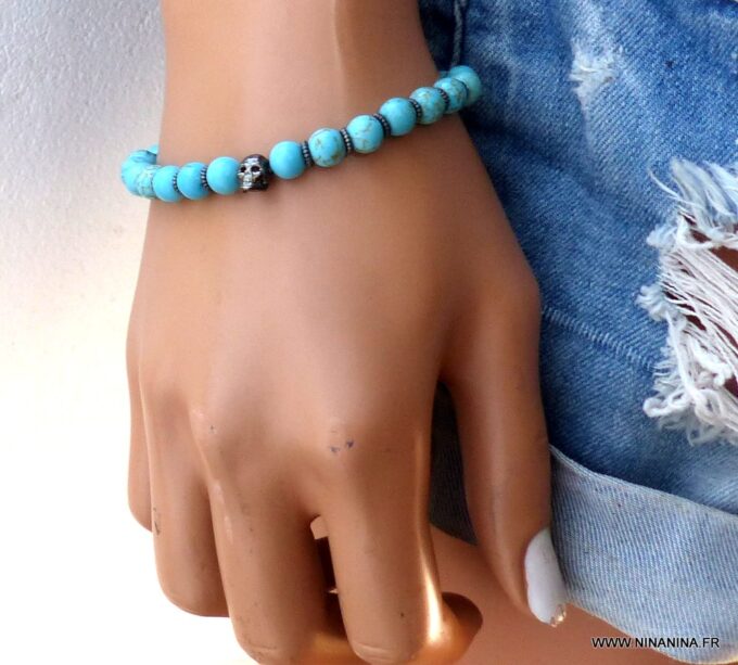 N5678d Bracelet perles turquoise naturelle tête de mort métal noir - Bijoux Bracelets en ligne Ninanina