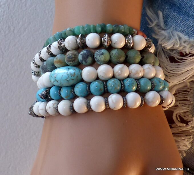 N5678e Bracelet perles turquoise naturelle tête de mort métal noir - Bijoux Bracelets en ligne Ninanina