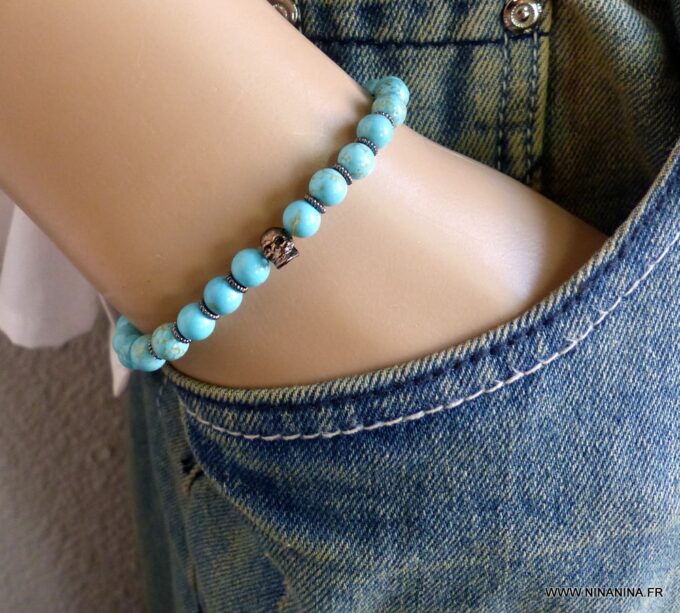 N5678g Bracelet homme stretch elastique perles turquoises blanches tete de mort métal noir NINANINA
