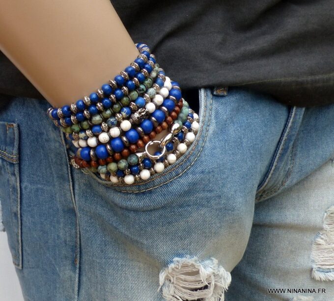 N5682 Bracelet elastique perles turquoises africaines rondelles métal noir - Bijoux Bracelets en ligne Ninanina