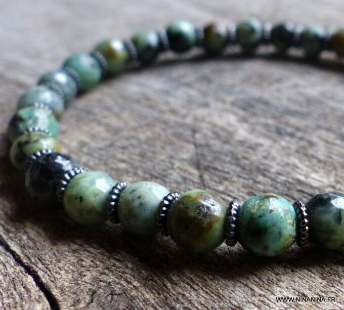 N5682b Bracelet homme stretch elastique perles rondes turquoises africaines NINANINA