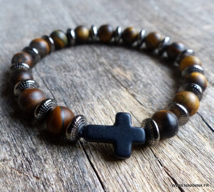 N5683 Bracelet homme stretch elastique perles oeil de tigre croix noire NINANINA
