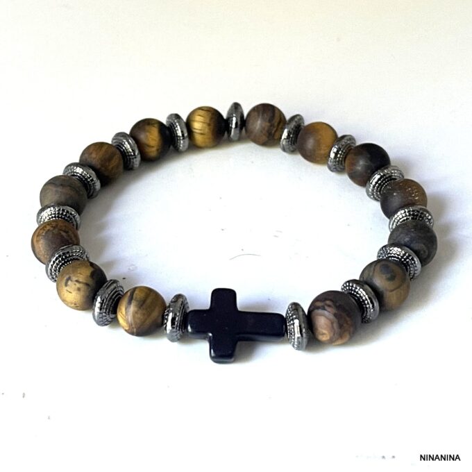 N5683a Bracelet oeil du tigre homme croix noire elastique - Bijoux Bracelets Hommes en ligne Ninanina