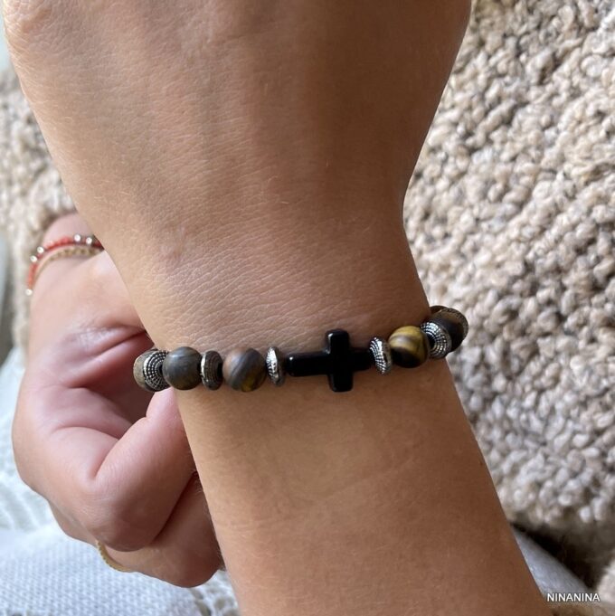 N5683b Bracelet oeil du tigre homme croix noire elastique - Bijoux Bracelets Hommes en ligne Ninanina