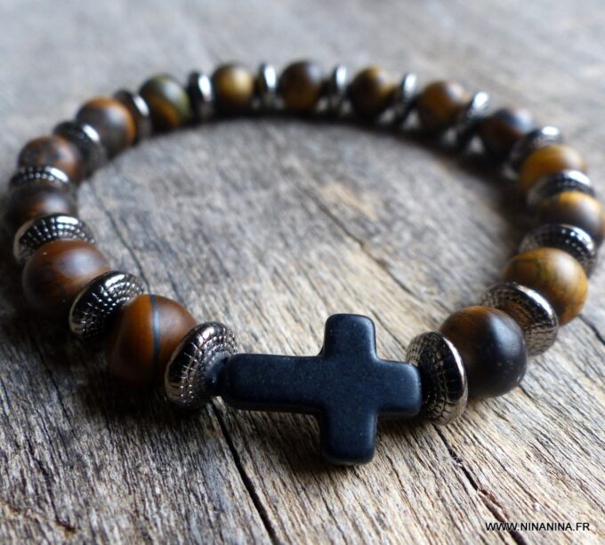 N5683c Bracelet homme stretch elastique perles oeil de tigre croix noire NINANINA