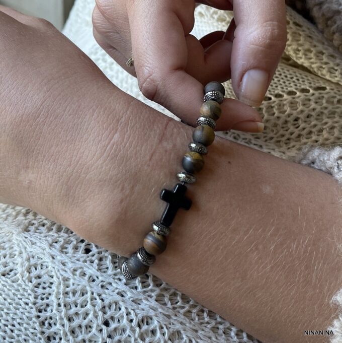 N5683d Bracelet oeil du tigre homme croix noire elastique - Bijoux Bracelets Hommes en ligne Ninanina