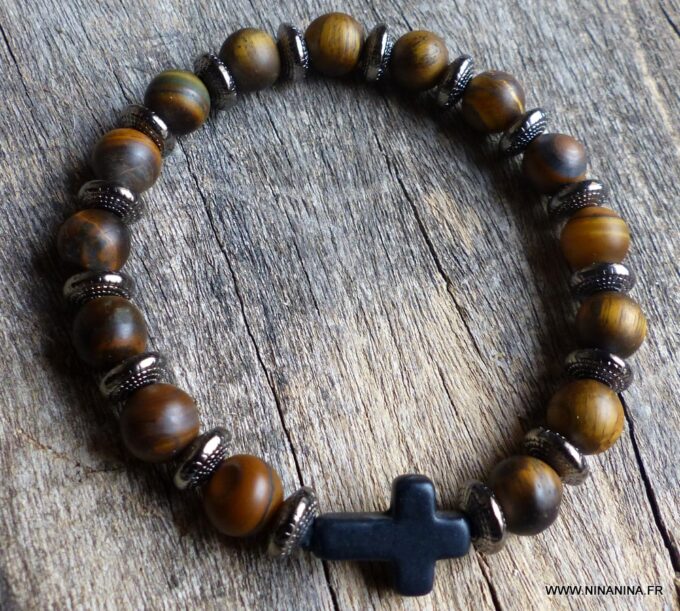 N5683e Bracelet homme stretch elastique perles oeil de tigre croix noire NINANINA