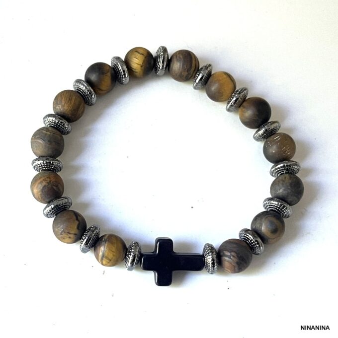 N5683e Bracelet oeil du tigre homme croix noire elastique - Bijoux Bracelets Hommes en ligne Ninanina