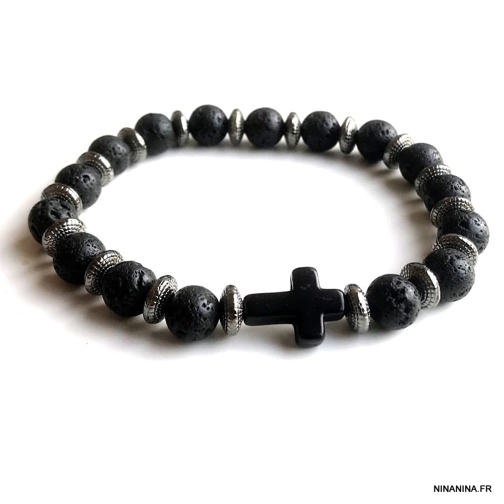 Bracelet homme pierre de lave & croix acier - Bijoux Créative Perles