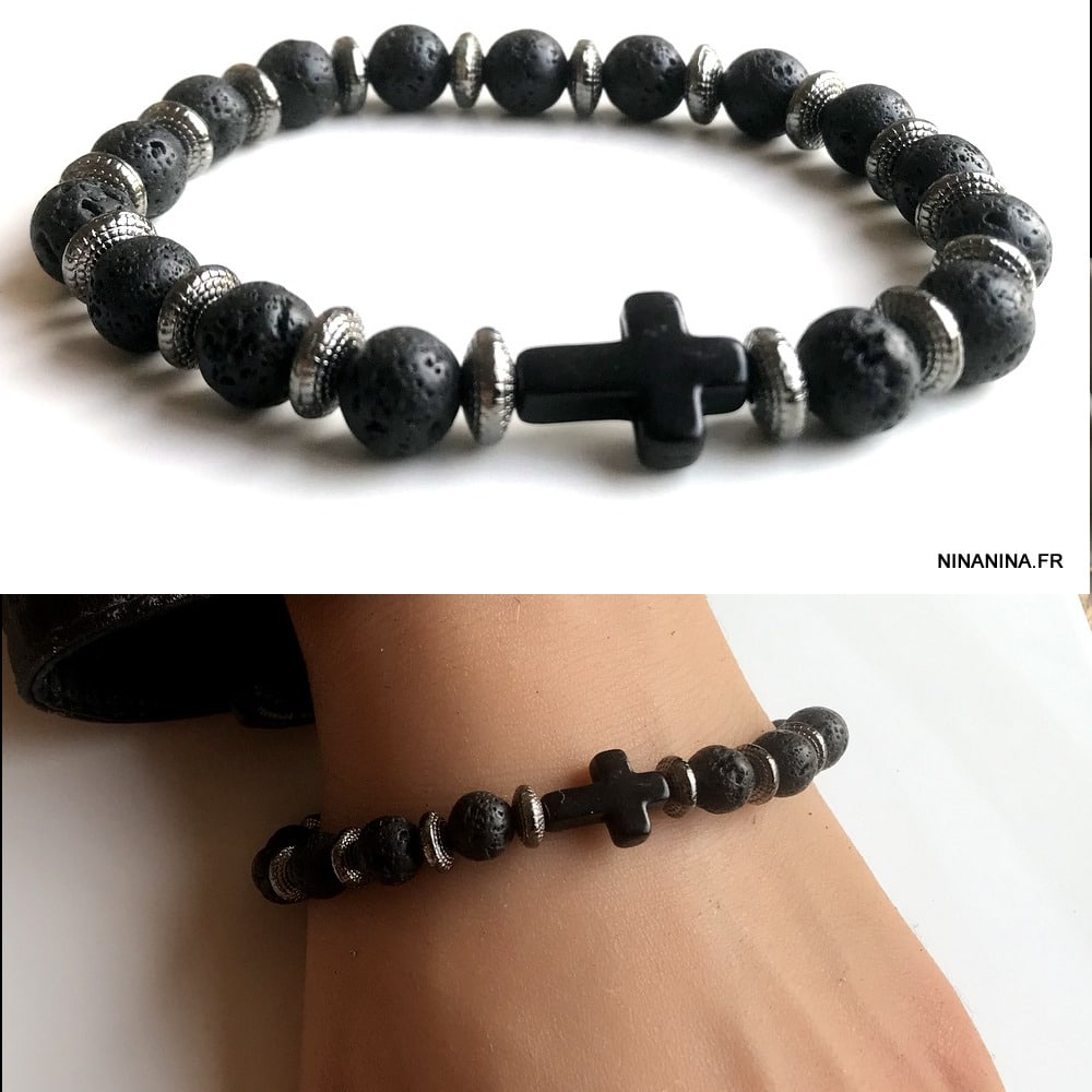 Bracelet homme perle en pierre de lave avec croix noire - Ninanina