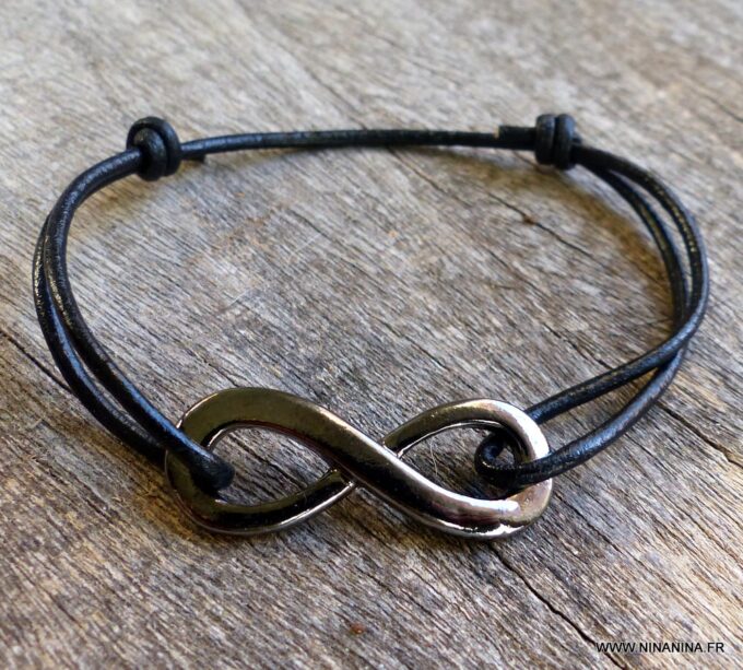 N5686f Bracelet homme femme cordon cuir infini métal noir NINANINA