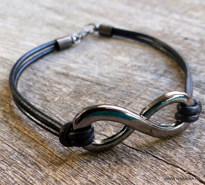N5687e Bracelet homme femme cordon cuir infini métal noir NINANINA