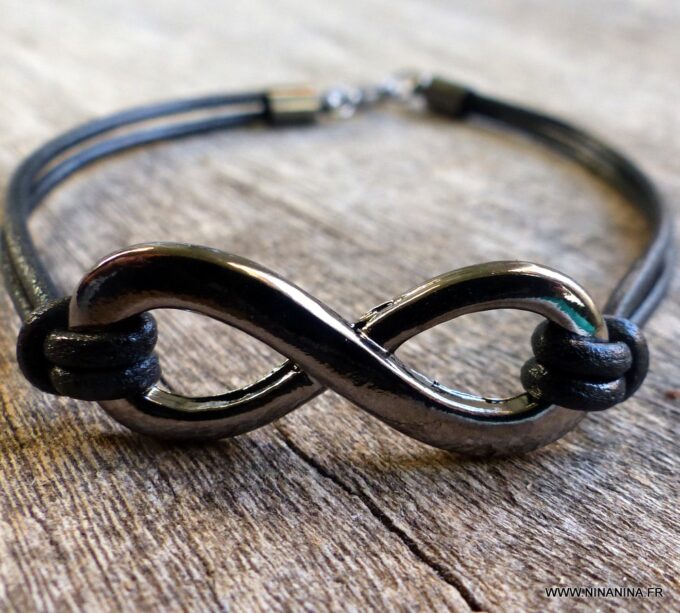 N5687j Bracelet homme femme cordon cuir infini métal noir NINANINA