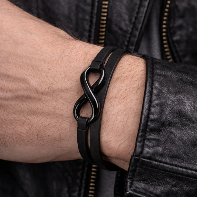 N5688a Bracelet cuir homme signe infini acier inoxydable noir 2 tours fait main - Bijoux Bracelets hommes en ligne Ninanina