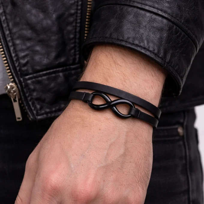 N5688b Bracelet cuir homme signe infini acier inoxydable noir 2 tours fait main - Bijoux Bracelets hommes en ligne Ninanina