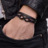 N5688c Bracelet cuir homme signe infini acier inoxydable noir 2 tours fait main - Bijoux Bracelets hommes en ligne Ninanina
