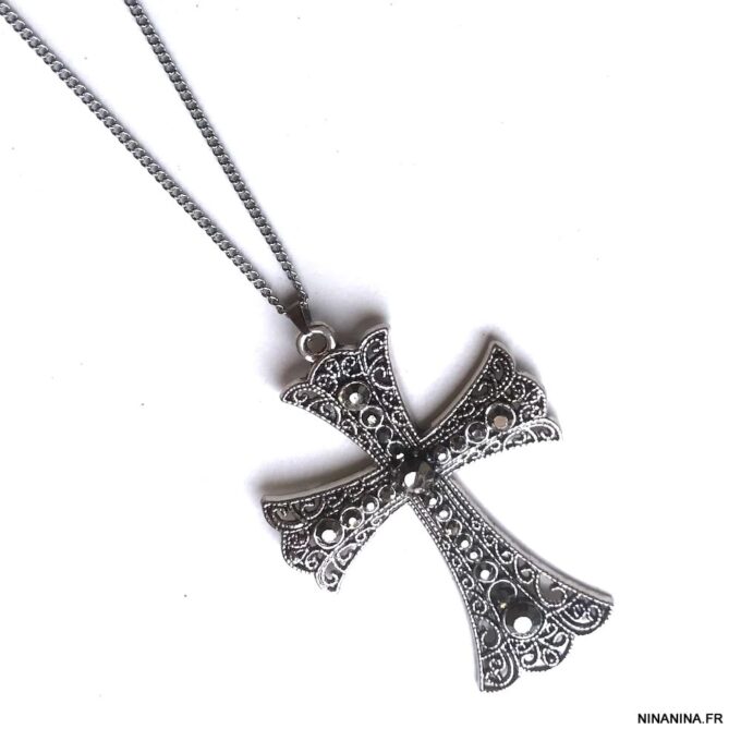 N5693a Collier long – Sautoir long croix métal argent strass - Bijoux Colliers en ligne