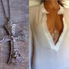 N5693i Collier femme long croix métal argent acier inoxydable strass NINANINA