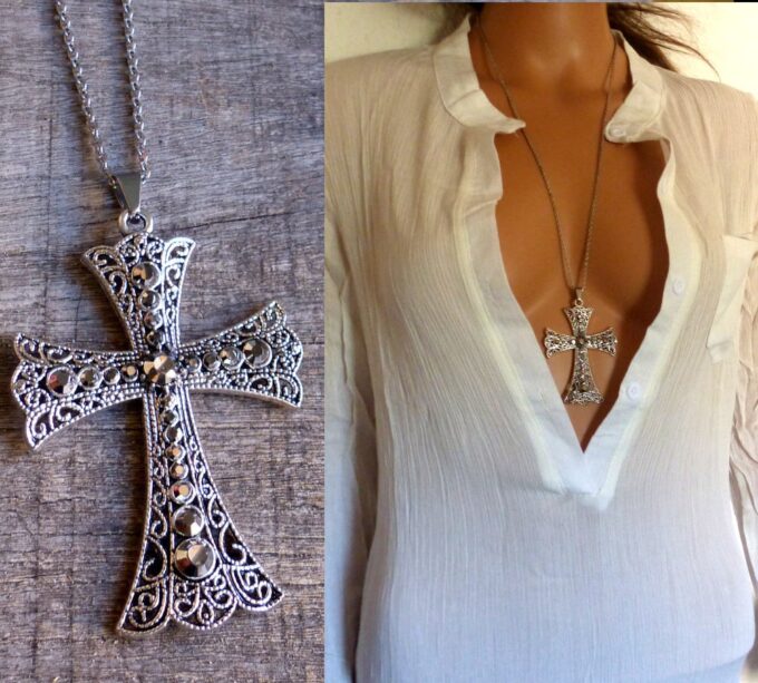 N5693i Collier femme long croix métal argent acier inoxydable strass NINANINA