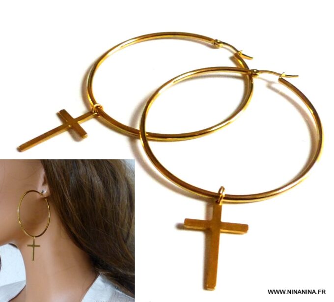 N5699 Boucles créoles femme pendentifs croix acier inoxydable doré NINANINA